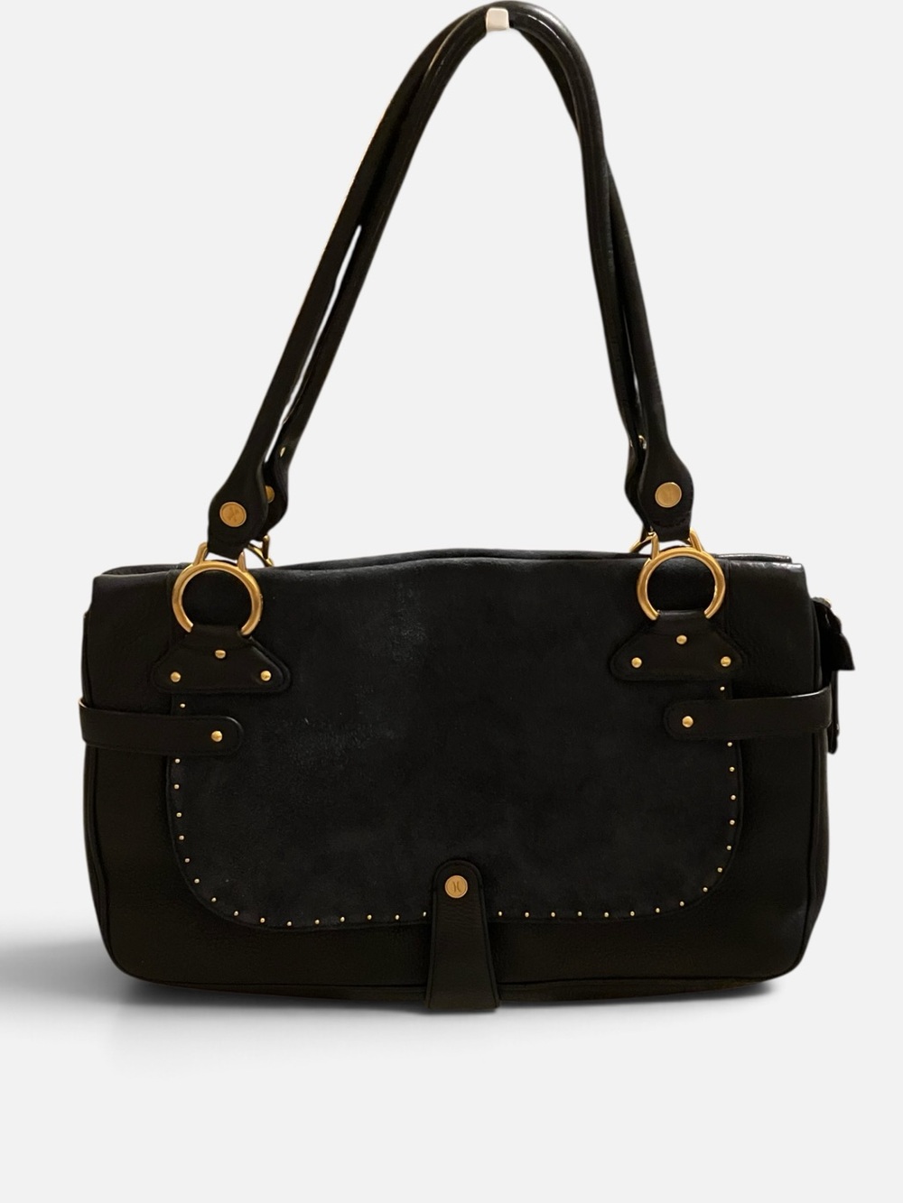 Cole Haan Classic Black Suede and Leather Shoulder Bag with Gold Hardware